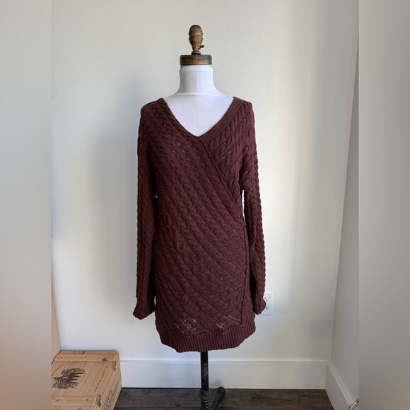 FREE PEOPLE TWISTED REALITY SWEATER MINI DRESS SLOUCHY CABLEKNIT BROWN XS - Picture 2 of 8